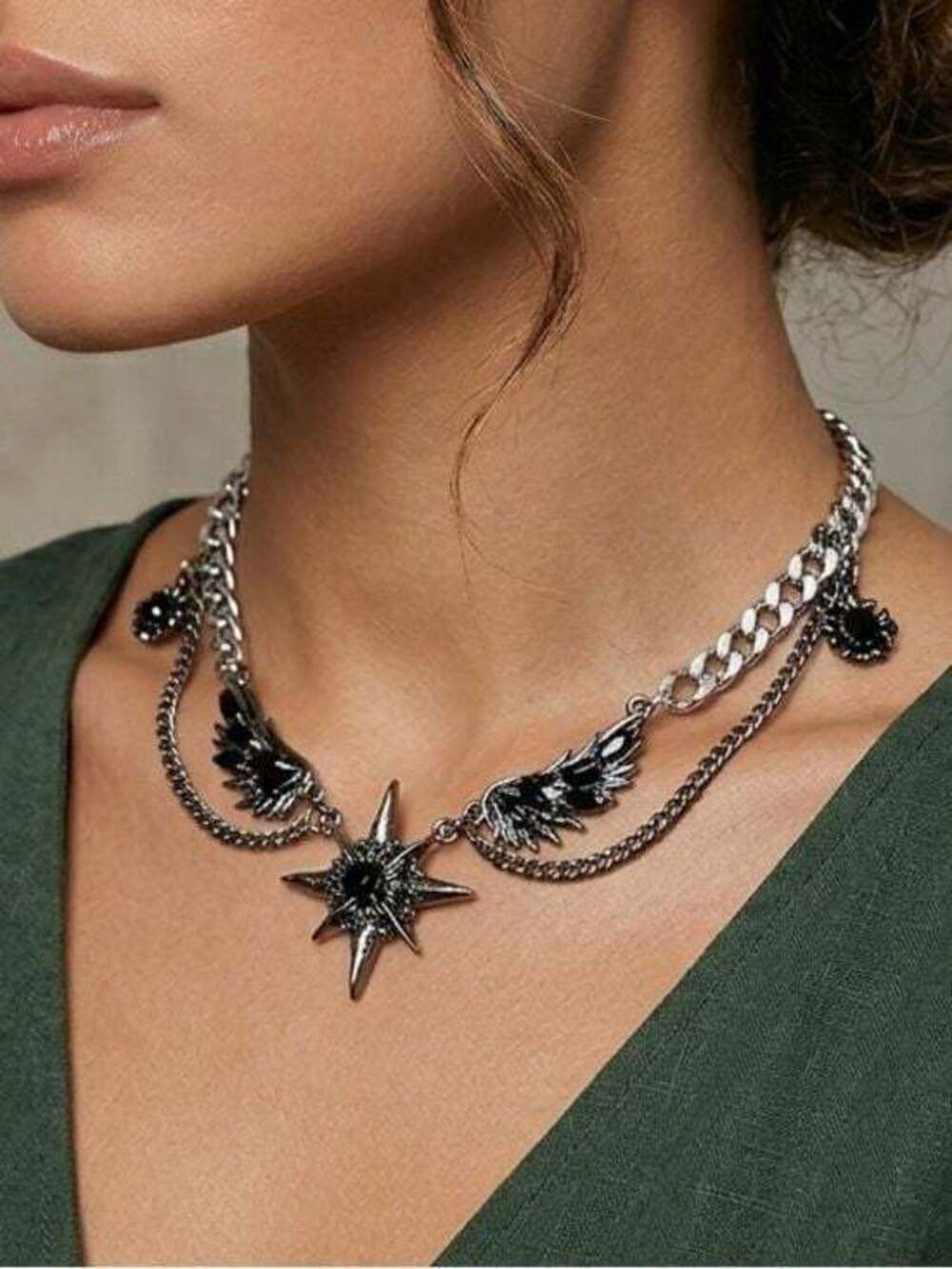 Antique Silver Star & Wing Layered Pendant Necklace - Picture 5 of 6